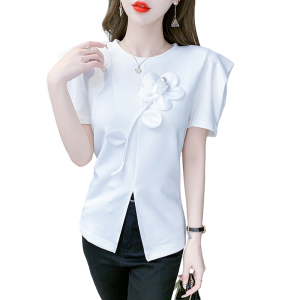 RM10954#短袖简约花朵重工夏季T恤修身显瘦圆领常规X型上衣百搭