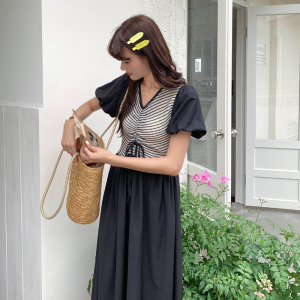 RM18252#设计感条纹拼接假两件连衣裙女法式复古中长款连衣裙子