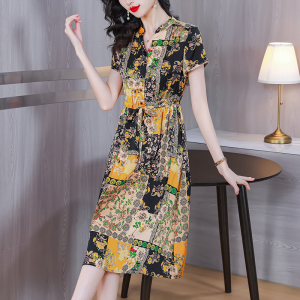 RM11454#重磅真丝桑蚕丝连衣裙女短袖2023夏季新款印花显瘦中长款裙子