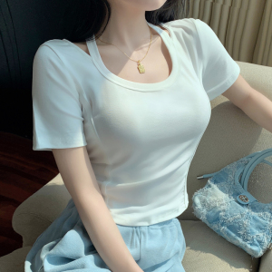 RM11306#夏季韩版纯欲芭蕾风锁骨修身挂脖鱼骨设计感短袖T恤女上衣