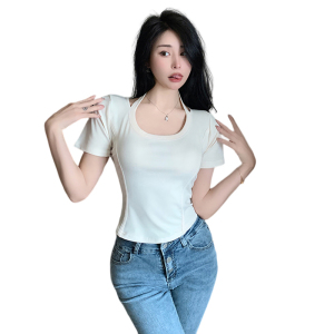 RM11306#夏季韩版纯欲芭蕾风锁骨修身挂脖鱼骨设计感短袖T恤女上衣