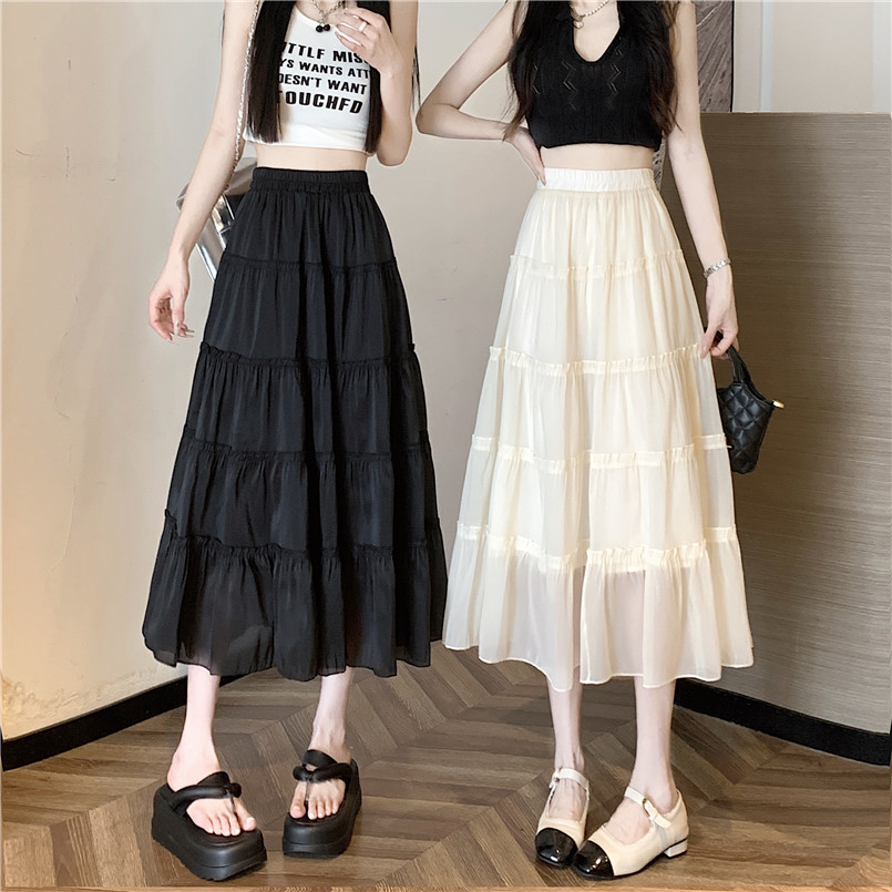 Actual shot of spring and summer gauze skirt, high-waisted cake skirt, mid-length straight skirt, a-line skirt for women