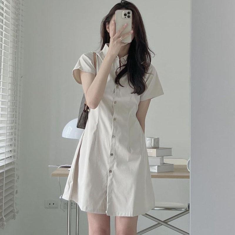 韩国chic夏季简约气质翻领单排扣收腰显瘦短袖衬衫式小个子连衣裙