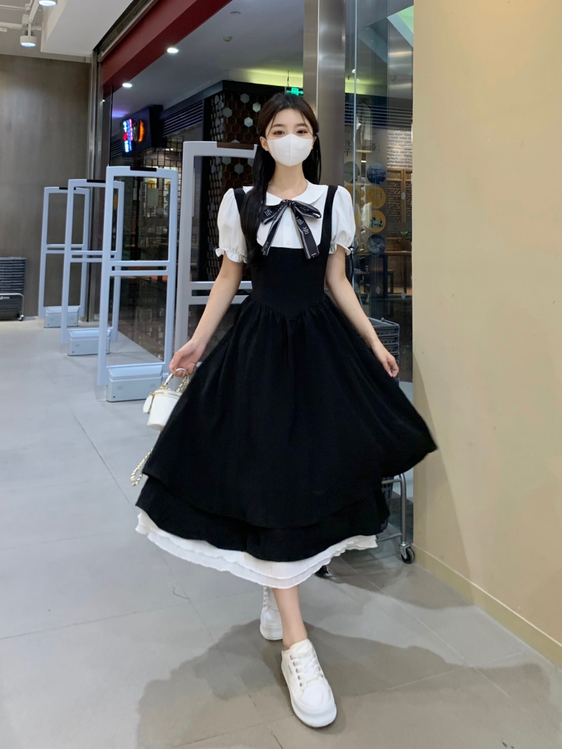 大码女装学院风韩版假两件连衣裙女夏季收腰日系甜美娃娃领小黑裙