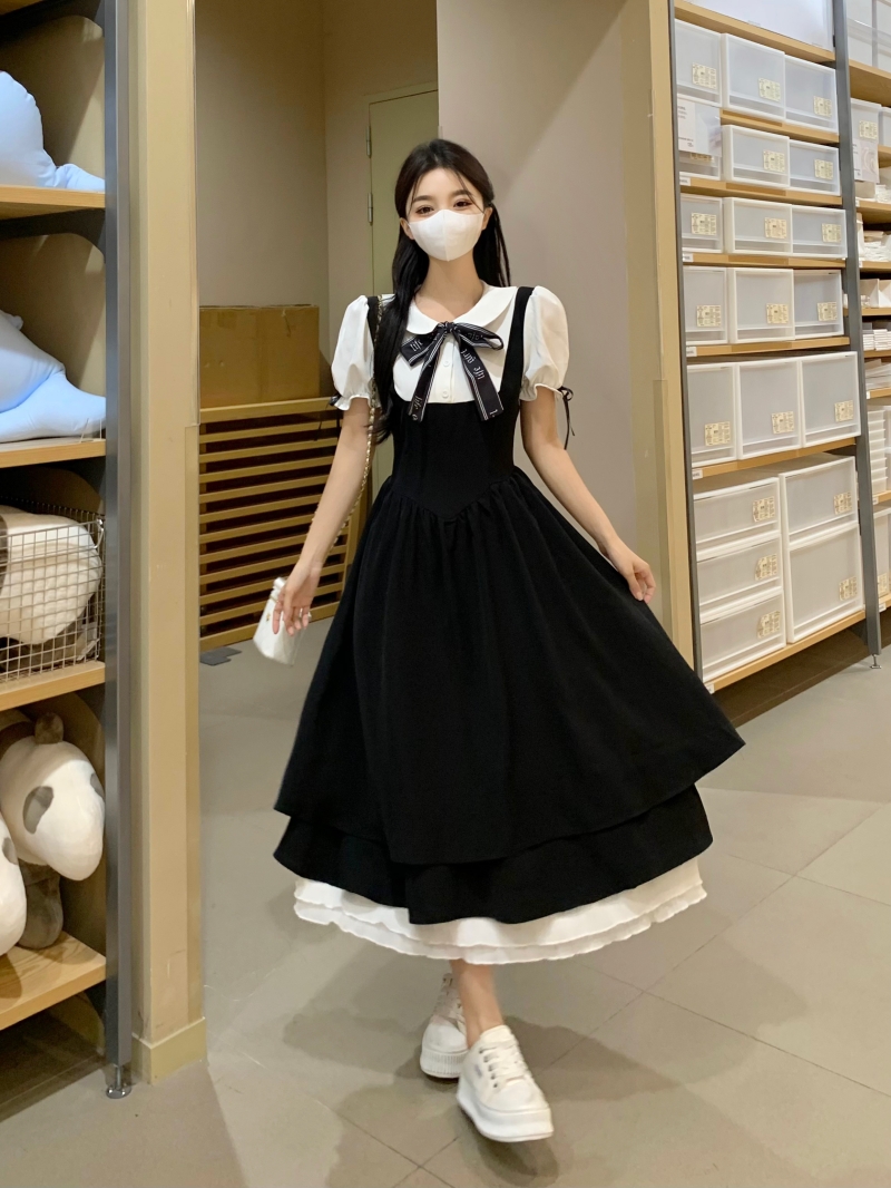 大码女装学院风韩版假两件连衣裙女夏季收腰日系甜美娃娃领小黑裙