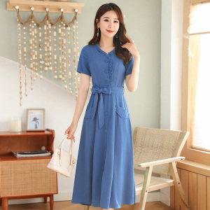 RM19153#夏新款流行裙子亚麻收腰显瘦气质短袖棉麻连衣裙