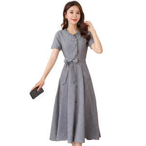 RM19153#夏新款流行裙子亚麻收腰显瘦气质短袖棉麻连衣裙