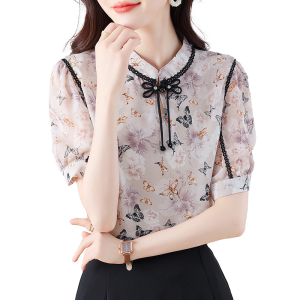 RM12075#夏季新款设计感小众减龄衬衣女新中式中国风印花短袖上衣
