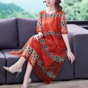 RM11201#夏新款大码宽松气质时尚连衣裙网纱刺绣显瘦女装
