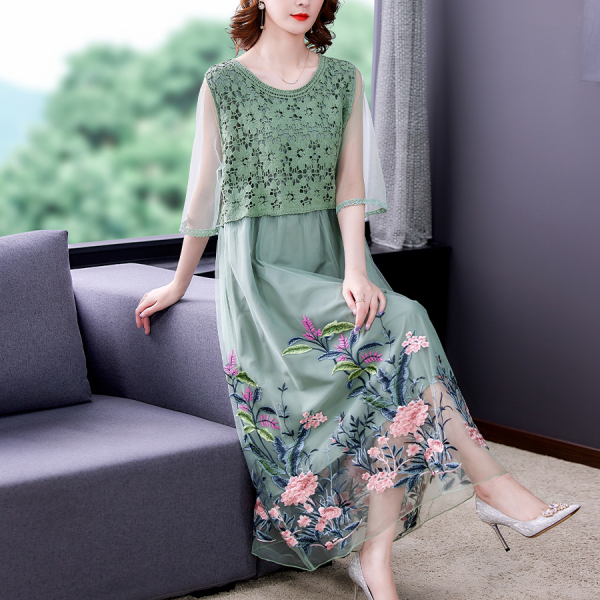 RM11202#夏新款时尚优雅气质巴黎纱重工真丝刺绣长款女连衣裙