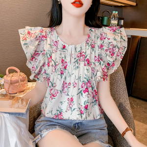 RM15875#夏季新款甜美减龄荷叶边碎花套头百搭显瘦飞飞袖衬衫女