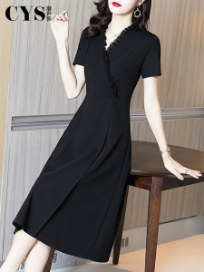 TR29679# 黑色中裙连衣裙女新款夏季赫本风小黑裙v领气质显瘦短袖裙子 服装批发女装批发服饰货源