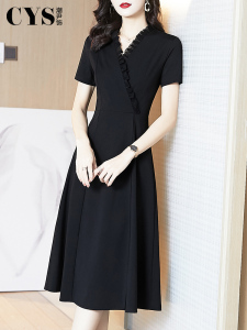 TR29679# 黑色中裙连衣裙女新款夏季赫本风小黑裙v领气质显瘦短袖裙子 服装批发女装批发服饰货源