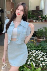 RM11463#夏季名媛气质薄款小香风短外套高腰包臀半身裙套装