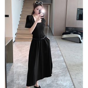 RM11434#夏季新款韩版简约优雅显廋隐藏性感收腰方领连衣裙配皮带设计感女