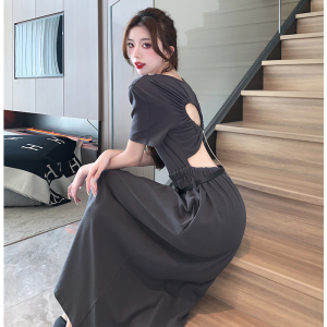 Summer New Korean Edition Simple， Elegant， Slim， Hidden， Sexy， Waist Wrapped Square Neck Dress with Belt