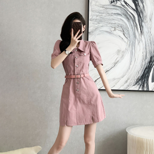 RM20887#夏季短袖连衣裙牛仔短裙法式高腰泡泡袖 