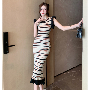 Summer New French Style Small Fragrant Style High Grade Feeling Slim Stripe Contrast Color Dress Fashion Sleeveless Wrap