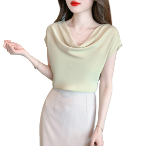TR30538# 韩国chic夏季法式气质V领褶皱设计宽松百搭垂坠感短袖衬衫上衣