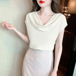 TR30538# 韩国chic夏季法式气质V领褶皱设计宽松百搭垂坠感短袖衬衫上衣