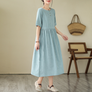 RM15517#夏季新款时尚休闲显瘦宽松洋气提花短袖棉麻连衣裙女中长