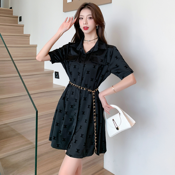 RM11457#夏季新款时尚衬衫气质植绒缎面休闲腰带连衣裙