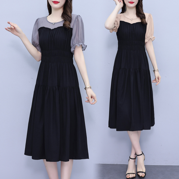 RM11675#夏季新款时尚拼接连衣裙女减龄显瘦遮肉百褶短袖裙子