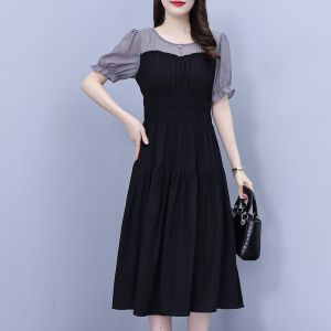RM11675#夏季新款时尚拼接连衣裙女减龄显瘦遮肉百褶短袖裙子