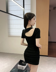 Hollow out heart machine design niche sexy tight fitting pleated buttocks wrap dress summer