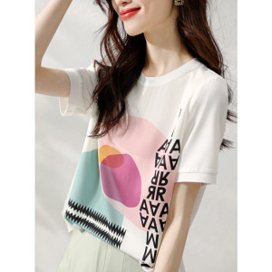 RM11026#简约百搭短袖女抽象派夏季衣设计感减龄印花圆领百搭T恤