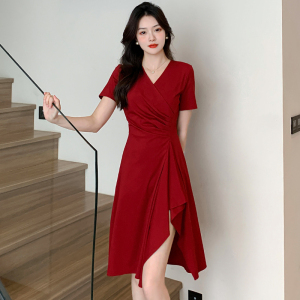 RM11467#红色连衣裙女夏天新款v领收腰显瘦气质短袖赫本风红裙子夏季