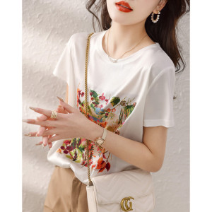 RM11031#艺术花卉图案短袖T恤夏季新款修身百搭亲肤透气短袖T恤女