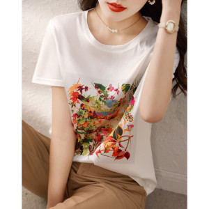 RM11031#艺术花卉图案短袖T恤夏季新款修身百搭亲肤透气短袖T恤女