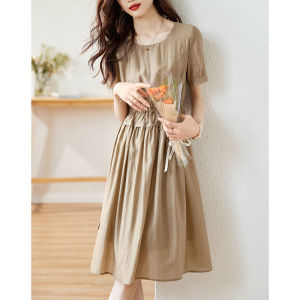 RM11316#夏季新款韩版简约时尚纯色裙装圆领套头短袖收腰显瘦女连衣裙