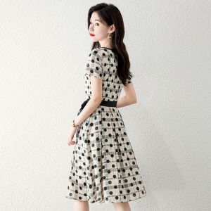 RM11317#OL风波点冰丝绉蝴蝶结连衣裙女2023夏新款短袖收腰显瘦气质通勤风