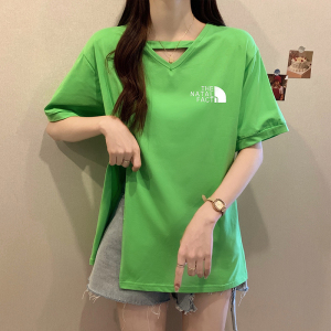 RM11328#大码女装2023夏季新款V领不规则遮肚宽松百搭印花短袖T恤上衣