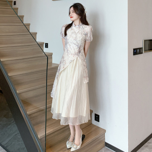 RM12287#新中式连衣裙女气质收腰显瘦名媛国风改良旗袍裙子长裙