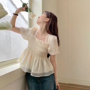 RM18996#法式松紧泡泡袖方领衬衫女夏季显瘦雪纺上衣褶皱减龄小衫