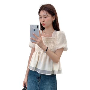 RM18996#法式松紧泡泡袖方领衬衫女夏季显瘦雪纺上衣褶皱减龄小衫