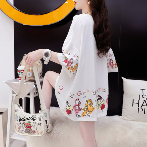 RM11366#牛奶丝夏季新款圆领印花中长款宽松大码短袖T恤女