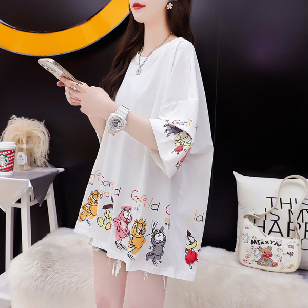 RM11366#牛奶丝夏季新款圆领印花中长款宽松大码短袖T恤女