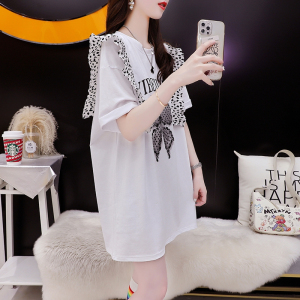 RM11370#棉网纱花边拼接短袖T恤女夏季宽松中长款上衣服潮