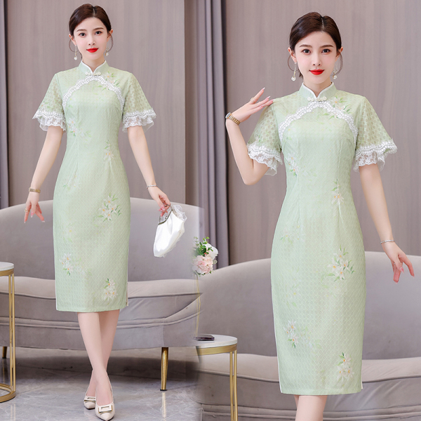 RM11353#绿色旗袍2023年新款小个子日常年轻款气质小清新改良连衣裙...