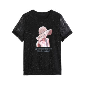 RM14481#夏新款时尚气质休闲百搭人物印花蕾丝拼接套头短袖T恤