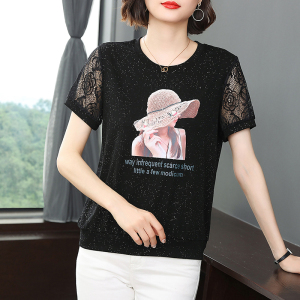 RM14481#夏新款时尚气质休闲百搭人物印花蕾丝拼接套头短袖T恤