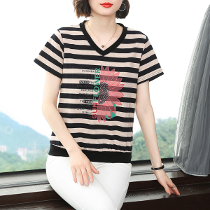 RM14480#夏季新款韩版宽松显瘦V领套头印花烫钻撞色条纹T恤女