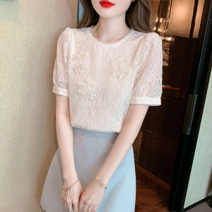 RM11168#雪纺衫2023夏季新款女装蕾丝花边泡泡袖上衣