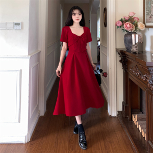 RM12126#夏季新款法式复古红色礼服裙平时可穿连衣裙