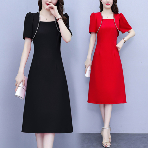RM11253#大码女装小外套拼接假两件名媛风夏季纯色短袖圆领套头连衣裙