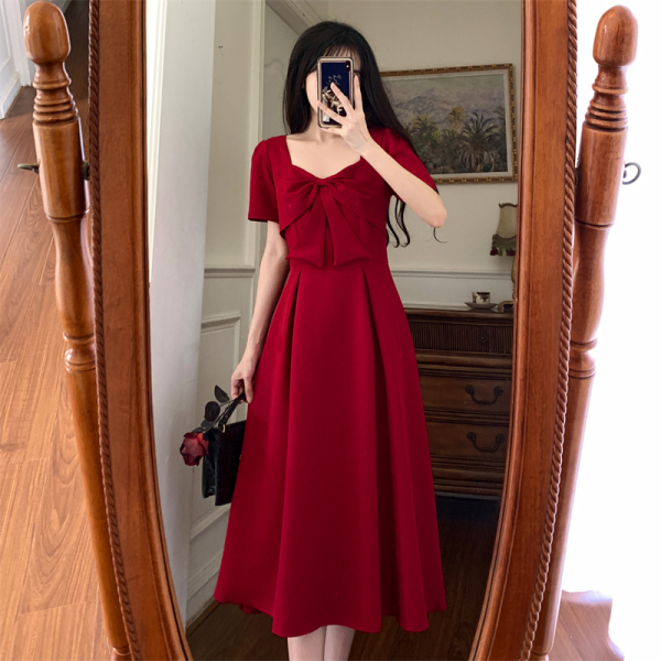 RM12126#夏季新款法式复古红色礼服裙平时可穿连衣裙